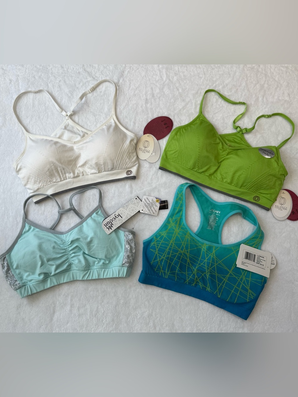 Bundle 4 NWT Exercise Bra Tops Large White Blue Green Women's Stretch Tops